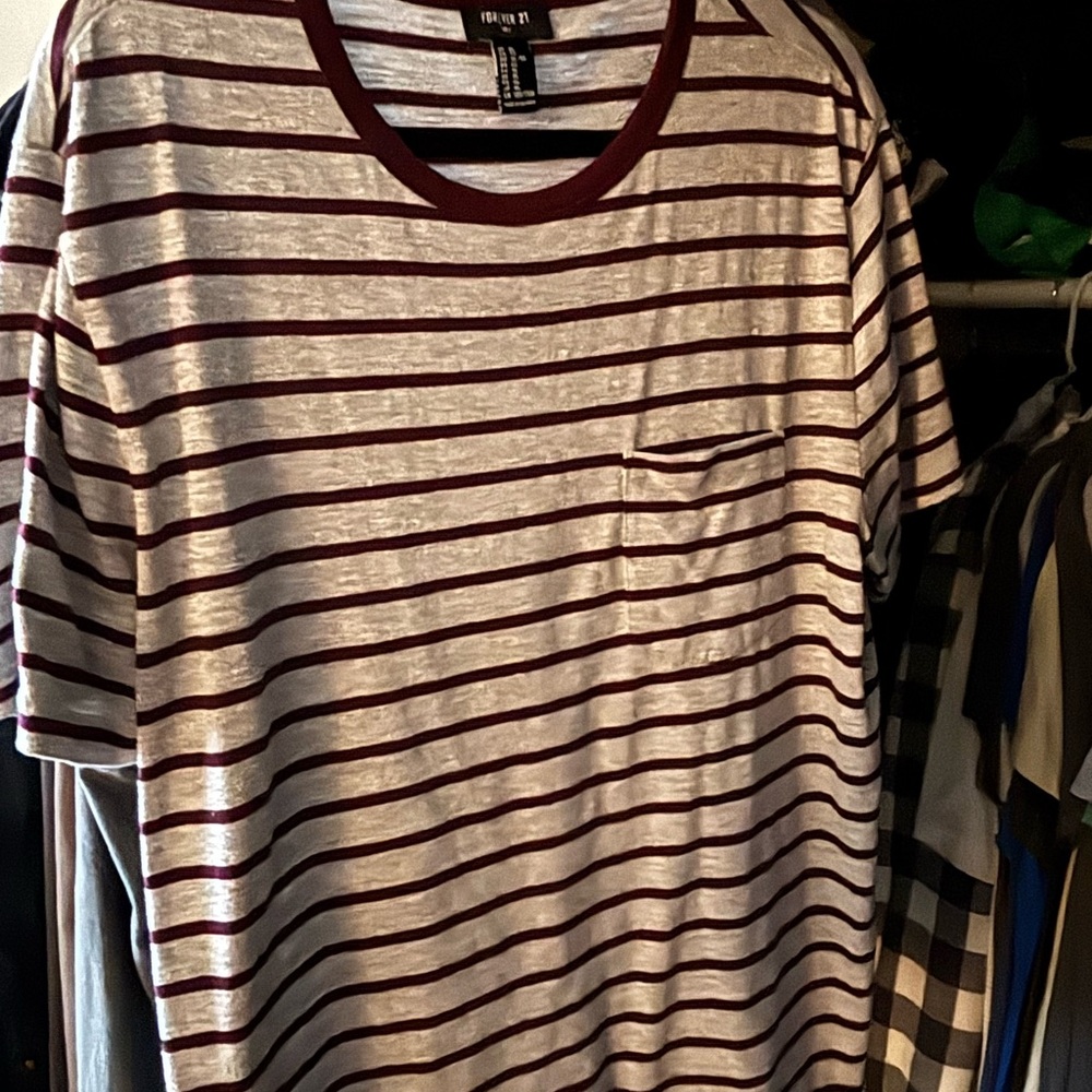 Forever 21 Burgundy and White Striped Short Sleeve Tee